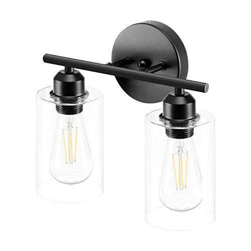 Espird 2 Light Bathroom Vanity Light Fixtures Black,Rustic Farmhouse Bath Vanity Light Over Mirror Sink Modern Industrial Wall Lamp Hallway lamp with Clear Cylinder Glass Shade