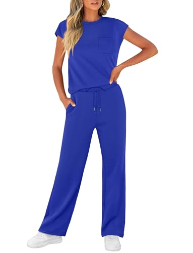 Image of WIHOLL 2 Piece Sets for Women Casual Summer Travel Vacation Outfits Cap Sleeve Lounge Set