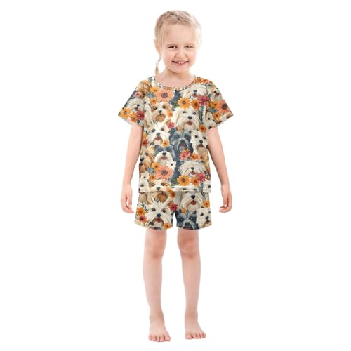 ALAZA Flower Dog Puppy Cartoon Pajamas Set Short Sleeve Cotton Sleepwear Summer Pjs 2 Piece 5-14Y3