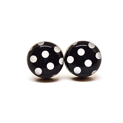 Stud Earrings, Polka Dot, 10 mm, Handmade, Stainless Steel Posts for Sensitive Ears Retro Studs For Women Men Girls (Black and White Polka Dots)
