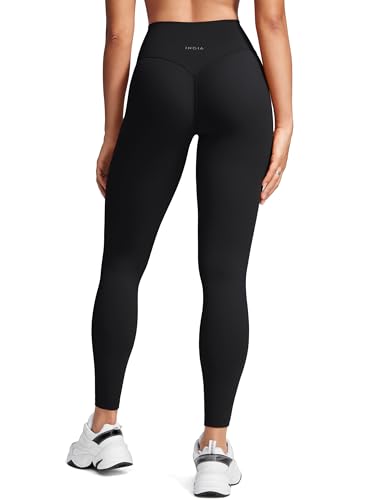 INGIA Womens High Waist No Front Seam Scrunch Butt Leggings Workouts 25 Inches V-Back Scrunch Booty Gym Yoga Pants Black Small