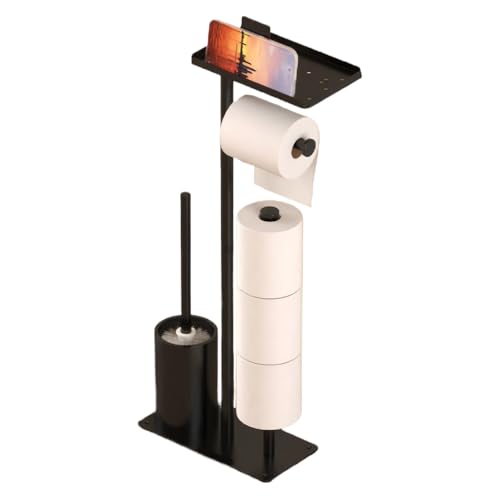 Image of Toilet Brushes & Holders,Free Standing Toilet Roll Holder with Brush and Wipes or Phone Shelf for Wet Wipes,Bathroom Accessories Tissue Holders,Loo Roll Holder Free Standing Holds 4 Rolls (Black)