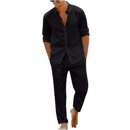 Dmmtot Conjunto de 2 piezas de lino casual para hombre, camisas de manga larga con botones, cintura elástica, pantalones de pierna recta, básicos, color sólido, ajuste regular, transpirable, ropa