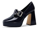 Coutgo Womens Platform Mary Jane Pumps T Strap Chunky High Heels Buckle Business Casual Dress Shoes,Navy Blue,Size 7.5