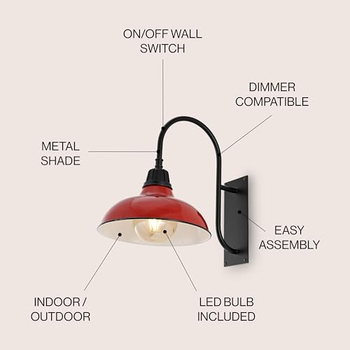 Image of JONATHAN Y 12.25 inch Red /Black 1-Light Farmhouse Gooseneck Outdoor Wall Sconce Lamp, with Black Metal Bowl Shade, Industrial Iron LED Porch Light for Patio Garage Entryway (JYL7614E)
