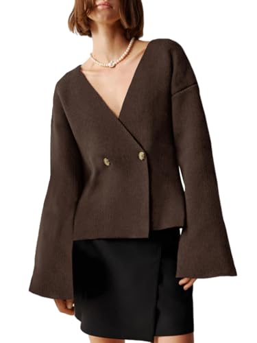 Saodimallsu Womens V Neck Cardigans Long Bell Sleeve Button Down Open Front Loose Knit Fall Sweater Blazer