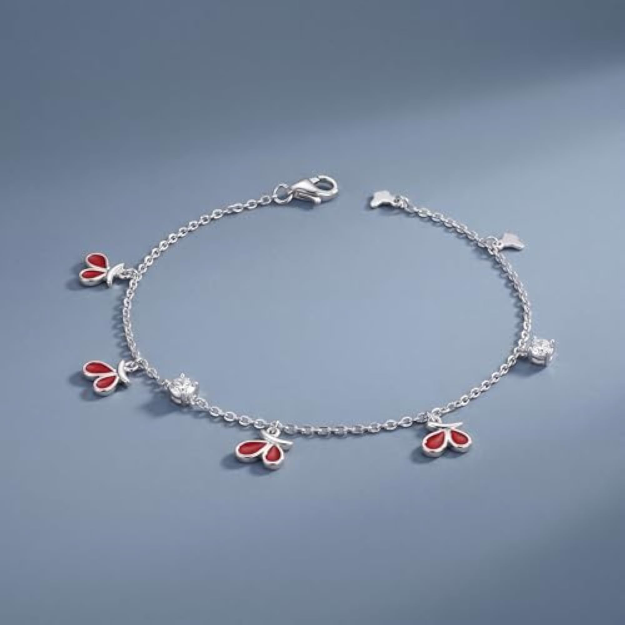 Red Floral Drop Charm Bracelet, Premium 925 Silver