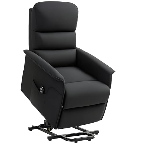 HOMCOM Sillón Relax Reclinable Eléctrico Levanta Personas, Sillón Elevador con Control Remoto, Reposapiés, Tapizado en Lino, Bolsillo Lateral, para Salón, Dormitorio, Negro