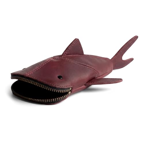 Image of Hide & Drink, Full Grain Leather Zipper Coin Pouch, Change Bag, Pencil Purse, Scissors Case, Shark Shaped Cable Holder, Wallet, Makeup, Stuffed Animal, Handmade, Sangria