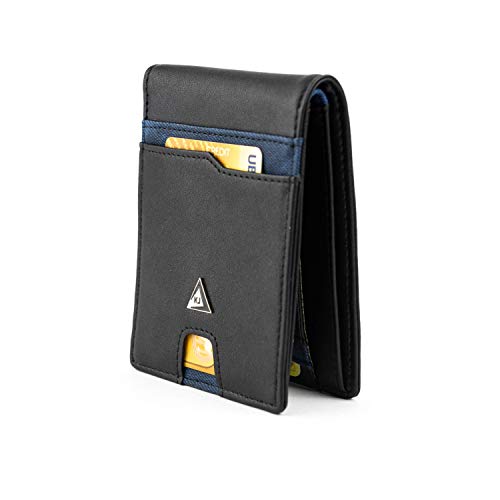 KJENIUS® "Raffaello" carteira de homem vertical de pele preta e Blue Jeans, bloqueio de proteção RFID, fecho de correr para moedas, 10 cartões de crédito, bolso para notas, caixa de presente