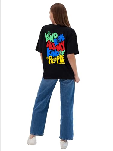 Image of LEOTUDE Women's Cotton Oversized Fit Short Sleeve with Round Neck, Oversized Longline Drop Shoulder, Back Printed T-Shirt