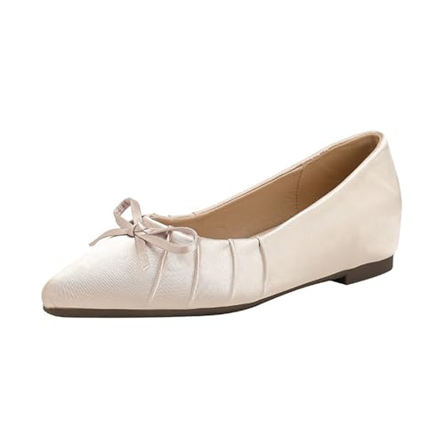 Women's Leather Bow Pointed Toe Ballet Flats Simple Comfortable Ruched Slip On Shallow Mouth Dress Flats Shoes for Dating Wedding Work Daily