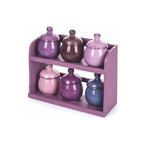 Villa d'Este Home Tivoli Set of 6 Ceramic Spice Jars with Wooden Stand, Ocean Hut, Purple, Small Cover