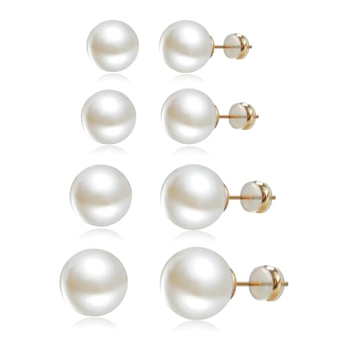 4 Pairs Pearl Stud Earrings 14K Plated Gold Sterling Silver Post Hypoallergenic Earring stud Round Large size Simulated pearl 8mm-14mm Set Earrings for women