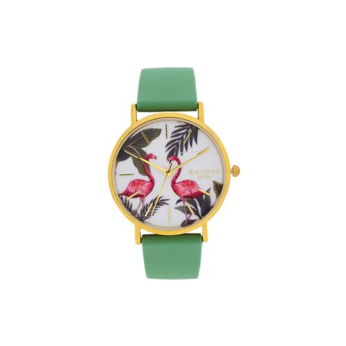 Montre Flamingo Vert au design minimaliste chic avec finitions dorées haute précision