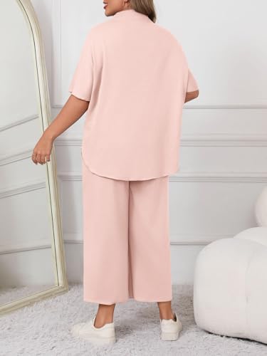 Image of Beautife Women's Plus Size 2 Piece Outfits 3 /4 Batwing Sleeve Capelet Crew Neck Pullover Top Wide Leg Pants Lounge Set