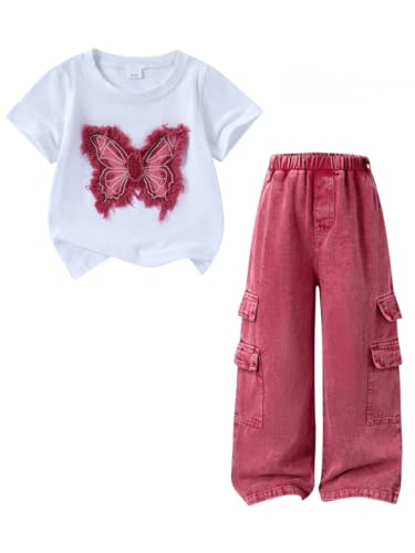 Azmxynol Girls Clothes Toddler 2 Piece Spring Summer Outfit Short Sleeve T Shirt + Denim Pants Set Little Girl Kids Cute Casual Clothing Size 6 7