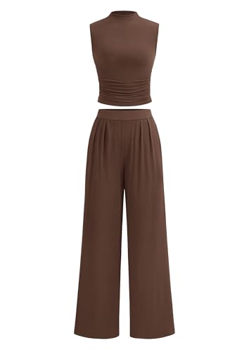 PRETTYGARDEN 2 Piece Sets for Women Summer 2025 Airport Travel Outfits Crop Tank Tops Wide Leg Pants Matching Lounge Sets