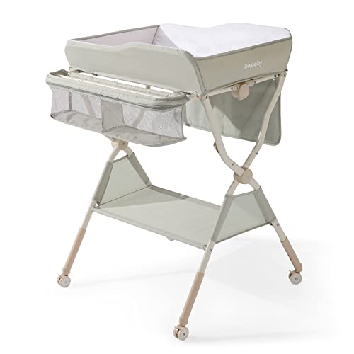 Sweeby Portable Changing Table Folding Diaper Baby Changing Station, Waterproof Changing Table Dresser Pad Topper, 4-Level Adjustable Height with Wheels, Light Green Sweeby Portable Changing Table Folding Diaper Baby Changing Station, Waterproof Changing Table Dresser Pad Topper, 4-Level Adjustable Height with Wheels, Light Green
