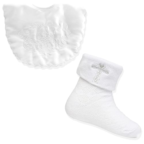 Baby Togs White Baby Christening Set - Bib & Socks Baptism Gift Set for Baby Boys and Girls 0-6 months & 6-12 months White 0-6 Months