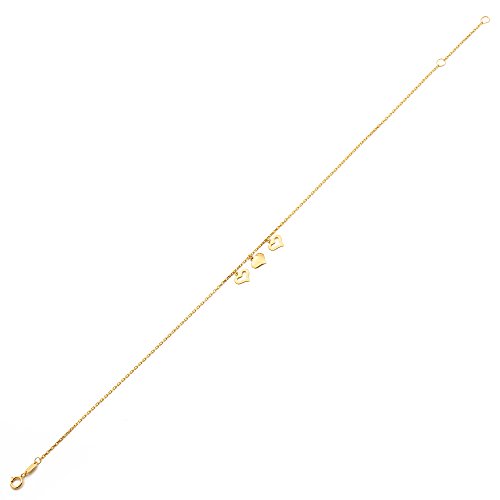 Lovebling 10K Yellow Gold .50Mm Diamond Cut Rolo Chain With 3 Middle Heart Pendants Anklet Adjustable 9" To 10" (#3) #TOP1