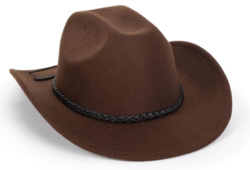 Image of Classic-Western-Cowboy-Hat Upturn-Brim Felt-Cowgirl-Hat Rodeo-Hats with Belt for Women Men (Fit for 22.4-23.2 inch)