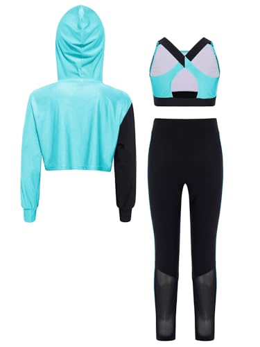 Kids Girls 3 Pieces Sport Tracksuit Set Long Sleeve Pullover Hooded Crop Top With Vest And Leggings Activewear2