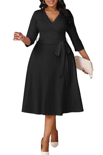 CLOCOR Plus Size Dresses, Womens Casual Church 3/4 Sleeve V