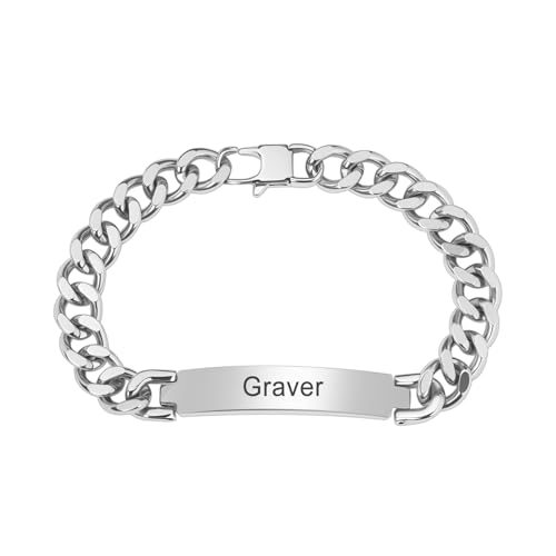 Cupimatch Bracelet Homme Personnalisable Prénom Gourmette Homme Argent avec Plaque en Acier Inoxydable pour Homme Garçon,Cadeau pour Noël Saint-Valentin...