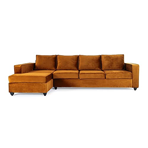 Image of Wakefit L Shape Sofa Set for Living Room | 3 Year Warranty - 3 Seater + Chaise (Velvet, Amber)