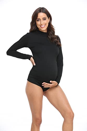 Womens Maternity Bodysuit For Photoshoot Long Sleeve Tshirt Classic Side Ruched Tee Top Mama Pregnant Clothes Photograph Black #TOP2