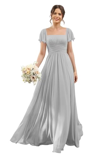 Women's Flutter Sleeves Bridesmaid Dress with Slit Chiffon Formal Evening Gowns Hi001