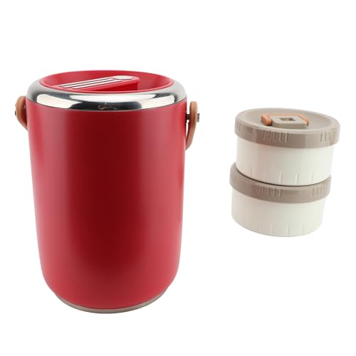 Nikou Contenedor de alimentos aislado al vacío de 2 L, acero inoxidable 304, apilable, portátil, aislante, tarro de comida caliente con tapas ED para adultos, rojo