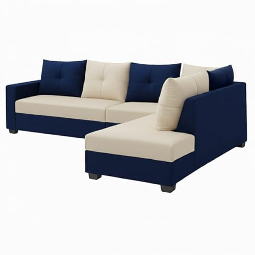 Image of SOCOZI Oriana 6 Seater RHS L Shape Sofa Set | Soft Velvet Suede Fabric | Modern Design | Plush Comfort Cushions for Living Room (Dark Blue-Cream)