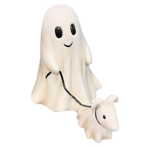 CocMouse Ghost Walking His Ghost Dog Halloween Ghost Dog Statue Spooky Ghost Dog Halloween Figurine Home Table Decor (A, 15 cm)