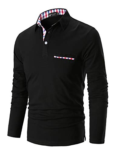 STTLZMC Mode Polo Homme Manche Longue Golf Poloshirt Coton Casual Col Contrasté Tops #11 Noir M