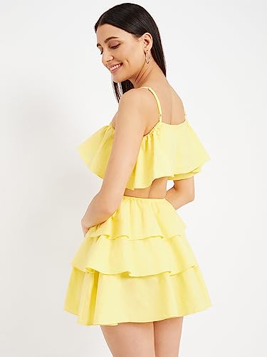 Image of DRAPE AND DAZZLE Yellow Stylish Cut Out Frill Dress | Designer Dress for Women