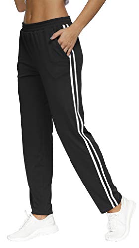 BLEVONH Womens Elastic Waistband Striped Side Workout Sweatpants with Pockets (Black, Large)