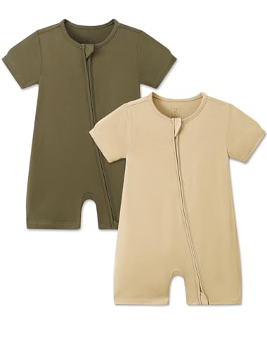 JunNeng Baby Boy 2 Pack Rayon of Bamboo Romper Sleeper Infant Soft Short Sleeve Jumpsuit Zipper Footless One-piece Coverall Tan + Cocoa Brown 0-3 Months