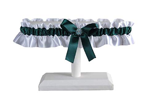 Handmade, Green and white satin wedding garter with iridescent flower and rhinestone, Green prom and wedding lingerie, Toss or keepsake garter