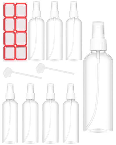 FUGLUS 8 Piezas Bote Spray, 20ml Botella Aerosol Vacío Plástico, Botes para Aceites Esenciales, Perfume, Limpieza y Productos de Belleza,Viene con herramientas y etiquetas adhesivas.