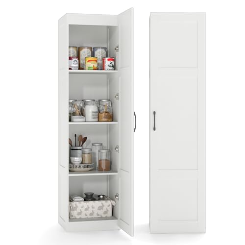 COSTWAY 150cm Tall Kitchen Cupboard, 4-tier Buffet Pantry Storage Cabinet with Anti-tipping Device, Freestanding Narrow Sideboard Organizer Unit for Dining Room Living Room (White)