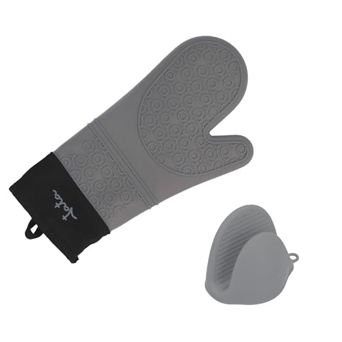 JATA HOGAR HACC4524 - Manoplas Horno. Guantes Cocina Resistentes al Calor y al Frío. Antideslizantes y Flexibles. Incluye Pinza de Silicona. Uso Ambidiestro