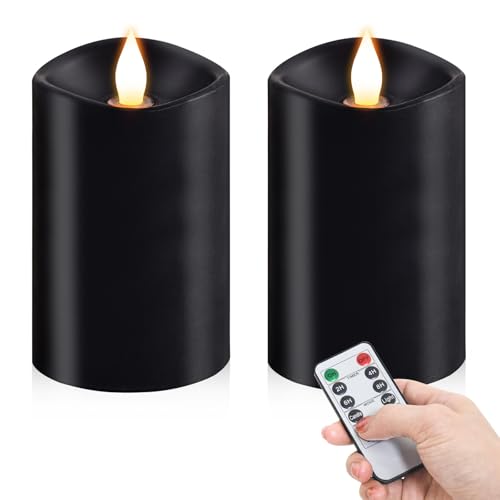 Image of 2PCS, 3 x 5 inches Flameless Candle with Remote Control, 3D Flickering Wick, Real Wax Pillar LED Candles, Battery Operated Candles,with Timer,for Holiday Home Decor, Black