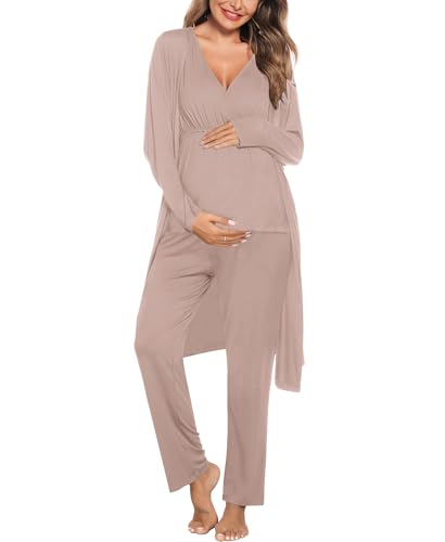 Image of SWOMOG Maternity Nursing Robe Set 3 Piece Postpartum Breastfeeding Pajamas 3 in 1 Hospital Labor Delivery Pregnancy Pjs