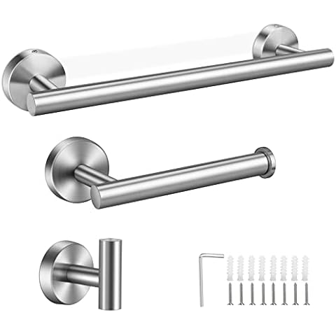 hicoosee Towel Rail & Toilet Paper Holder & Clothes Hooks, SUS 304 Stainless Steel Holder Wall Mounted with Screws, Bathroom Hardware for Bathroom Kitchen, 3 Pieces Cover