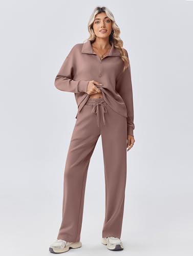 PINSPARK Sweat Suit for Women 2 Piece Set Drop Shoulder Sweatshirts Straight Leg Track Pants Casual Sweat Sets Loose Fitted Tracksuit Fall 2026 Fashion, Taupetastic Petite L