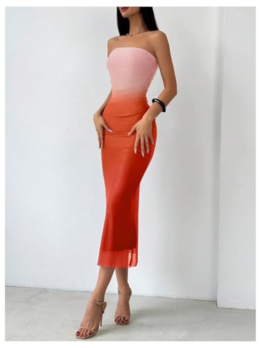 Image of GORGLITTER Women's Sunset Ombre Strapless Cocktail Bridal Shower Midi Dress | Orange Wedding Guest Dress, Mesh Tube Dress, Bridesmaid Dresses, Vacation Beach Sundresses,