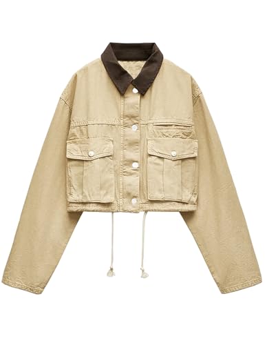 Womens Cropped Jacket Contrast Collar Utility Coat Cargo Jacket B...