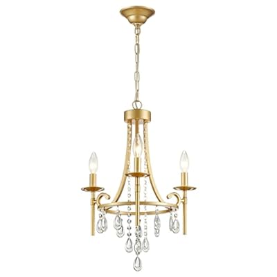 Small Crystal Chandelier, 3-Lights Modern Crystal Chandeliers for Dinning Room, Wagon Wheel Gold Chandelier, Farmhouse Hanging Pendant Light Fixture for Bedroom Hallway Entryway Bar Kitchen Bathroom